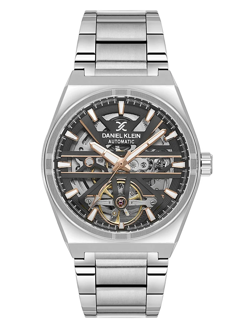 DANIEL KLEIN Men's Stainless Steel Silver Brass Case Analog Black Round Skeleton Dial Automatic Skeleton 50 Meters Water Resistant